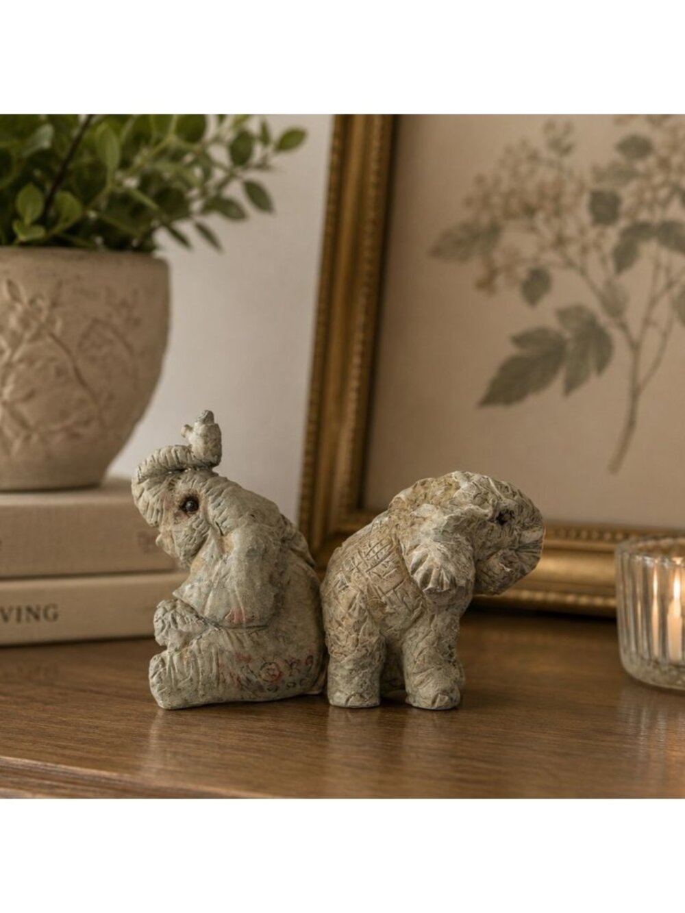 Miniature Elephant Figurines Resin Set Of 2 Trunk Up Mother and Baby Critters